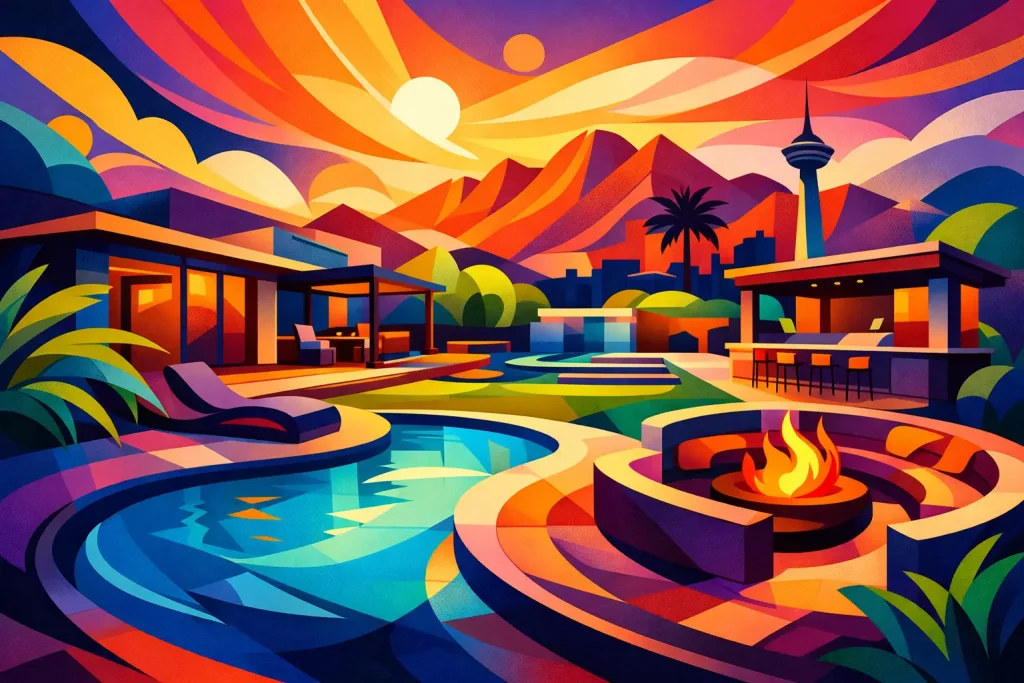Complete Backyard Renovation Las Vegas, Planned Right - Green Planet Landscaping & Pools, Inc. Colorful digital illustration of a modern backyard with swimming pool, fire pit, patio, and landscape design under a vibrant sunset sky.