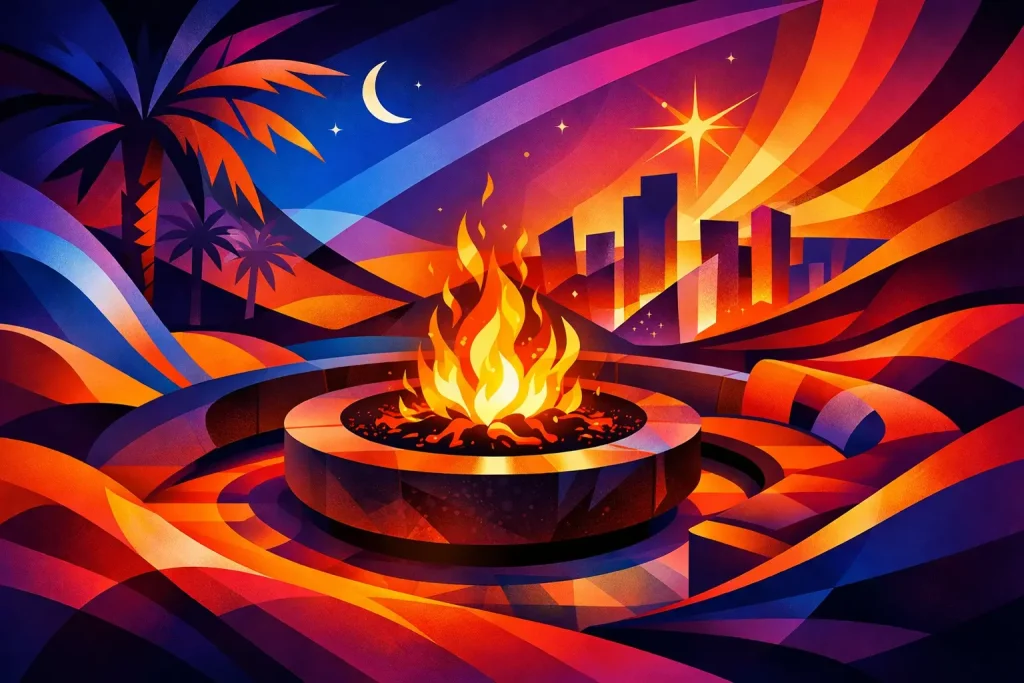 Custom Fire Pit Design Las Vegas Homeowners Need - Green Planet Landscaping & Pools, Inc. Vibrant digital illustration of a modern fire pit with flames, surrounded by flowing colorful ribbons and a nighttime desert landscape with palm trees and city skyline.