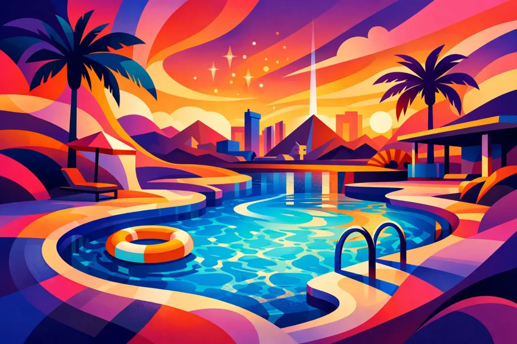 How Much Does a Custom Pool Cost in Las Vegas? - Green Planet Landscaping & Pools, Inc. Vibrant illustration of a luxurious resort pool with lounging areas, palm trees, and city skyline at sunset.
