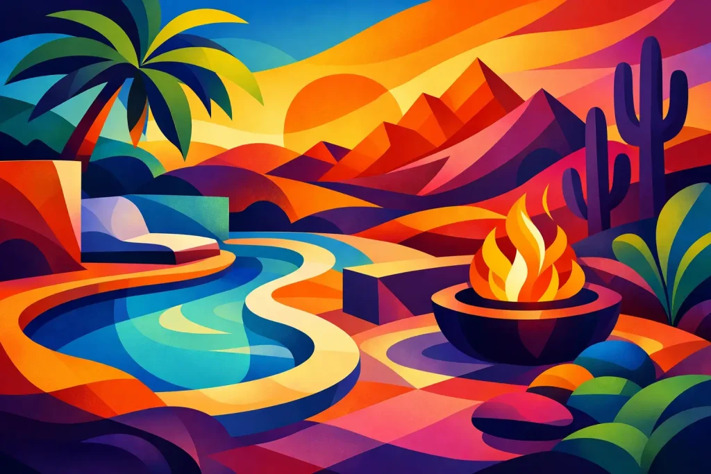 Las Vegas Backyard Landscape Design That Lasts - Green Planet Landscaping & Pools, Inc. Colorful stylized desert landscape with winding river, campfire, palm trees, cactus, and mountains at sunset.