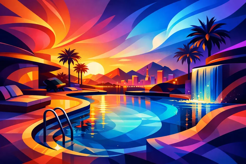 Luxury Pool Builders Las Vegas: What to Expect - Green Planet Landscaping & Pools, Inc. Vibrant digital illustration of a luxury resort pool with loungers, waterfall, palm trees, and illuminated cityscape at sunset.