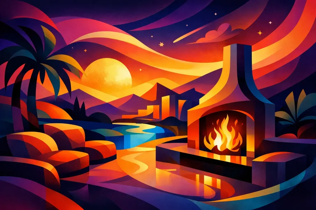 Outdoor Fireplace Installation in Las Vegas - Green Planet Landscaping & Pools, Inc. Vibrant illustration of a desert sunset landscape with a fireplace, pool water, and palm trees.