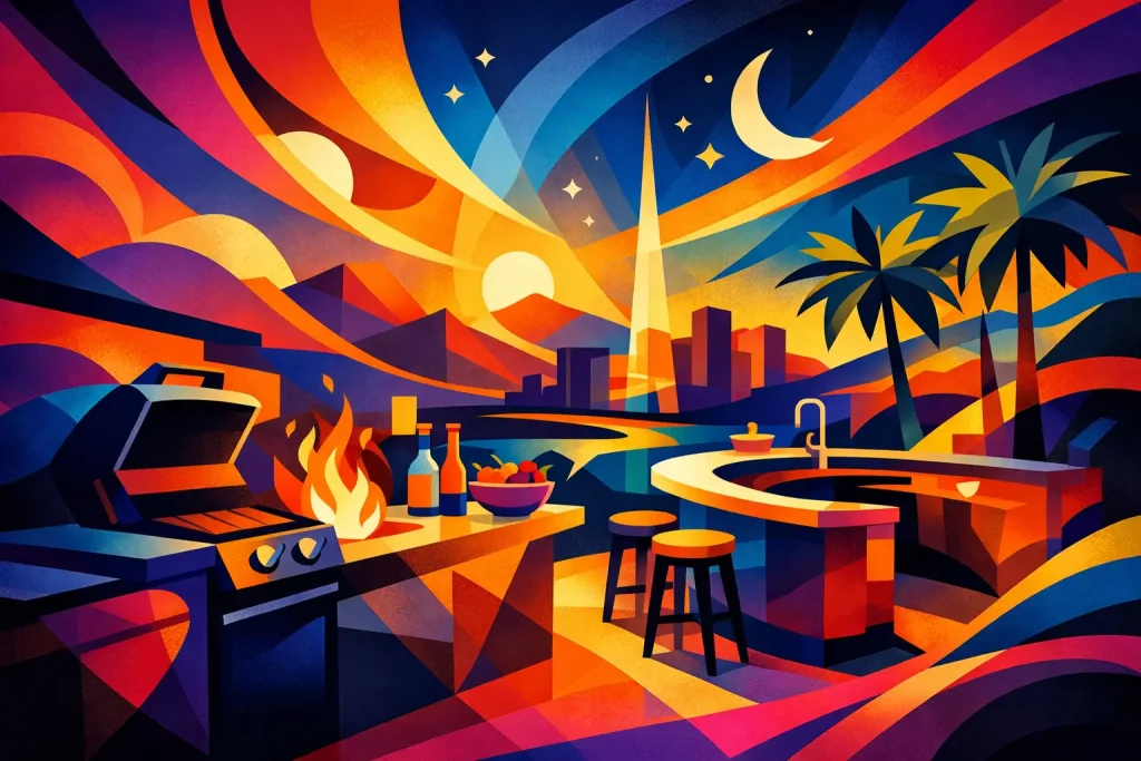 Outdoor Kitchen Design Las Vegas Homeowners Value - Green Planet Landscaping & Pools, Inc. Vibrant illustration of an outdoor entertainment space with pool, patio, grill, and tropical landscaping under a colorful sunset sky.