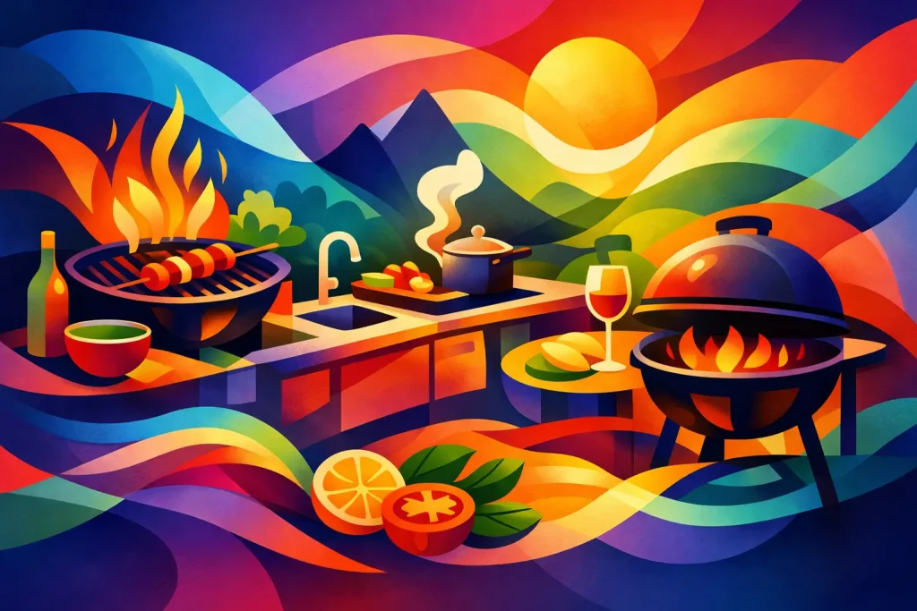 What to Include in an Outdoor Kitchen Plan - Green Planet Landscaping & Pools, Inc. Colorful illustration of an outdoor entertaining space with grilling station, fire pit, and dining setup surrounded by vibrant landscape elements.